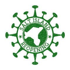 Salt Island Reopening Stamp. Green round badge of island with map of Salt Island. Island opening after lockdown. Vector illustration.