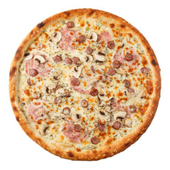 Delicious hot italian Pizza with tartar sauce, hunting sausages, ham, mushrooms, oregano and cheese mozzarella