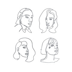 Set linear woman portraits. Continuous linear silhouette of female face. Outline hand drawn of avatars girls. Linear glamour logo in minimal style for beauty salon, makeup artist, stylist. 