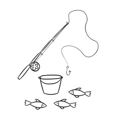 Fishing rod and bucket with fish.A simple sketch drawn by hand.Summer vector illustration in Doodle  style. Isolated object on a white background. For the design of icons, children's coloring books.
