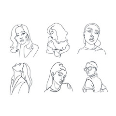 Set linear woman portraits. Continuous linear silhouette of female face. Outline hand drawn of avatars girls. Linear glamour logo in minimal style for beauty salon, makeup artist, stylist. 