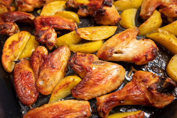 Baked chicken and potatoes in the oven as a background.