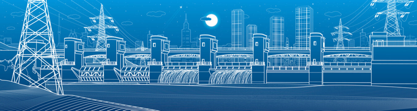 Hydro power plant. River Dam. Energy station. Power lines. City infrastructure industrial panorama. Urban life. White outline on blue background. Vector design art