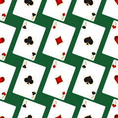 Playing cards seamless pattern on green background, vector illustration.