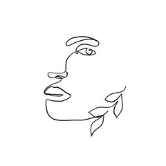 Linear female beauty simple face. Botanical element. Graphic leaf. Minimal logo. Vector icon design. Continuous line drawing. Woman portrait. Glamour vogue concept. 