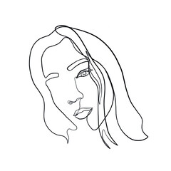 Woman face drawn one continuous line. Fashion concept. Woman beautiful face in minimal style. Abstract linear silhouette. Simple icon, logo. Vector illustration