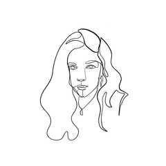 Woman face drawn one continuous line. Fashion concept. Woman beautiful face in minimal style. Abstract linear silhouette. Simple icon, logo. Vector illustration