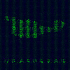 Digital Santa Cruz Island logo. Island symbol in hacker style. Binary code map of Santa Cruz Island with island name. Neat vector illustration.