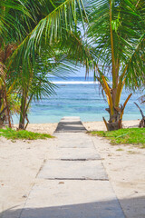 Obraz premium Beautiful beach with a small wooden path in the Philippines with blue cloudy sky and palm trees