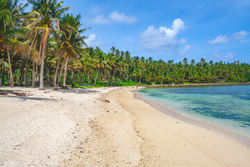 Beautiful beach in the Philippines with blue cloudy sky and palm trees