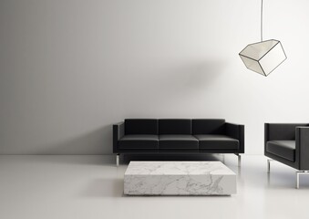 Czarno-białe minimalistyczne wnętrze z czarną sofą i białą posadzką epoksydową © Waclaw