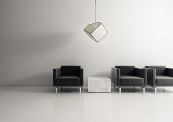 Czarno-białe minimalistyczne wnętrze z czarnymi fotelami białą posadzką epoksydową. - obrazy, fototapety, plakaty