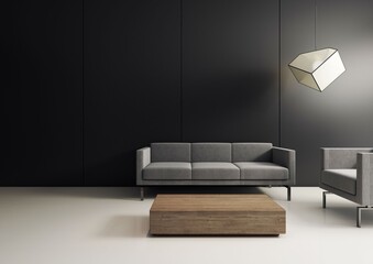 Minimalistyczne, nowoczesne wnętrze z sofą, czarnymi panelami ściennymi i białą epoksydową posadzką.