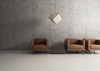 Minimalistyczne wnętrze z betonową ścianą i brązowymi fotelami.