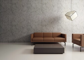 Minimalistyczne i nowoczesne wnętrze z brązową skórzaną kanapą z fotelem przed betonową ścianą.