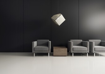 Minimalistyczne wnętrze z szarymi fotelami i czarnymi panelami na ścianie.