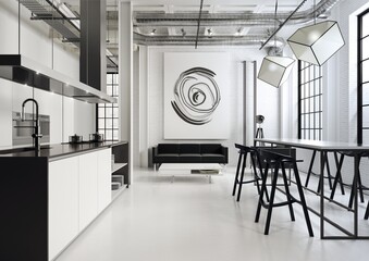 Wnętrze loftu zaprojektowanego w kolorach czerni i bieli . Otwarta przestrzeń z kuchnią, jadalnią i pokojem dziennym. - obrazy, fototapety, plakaty