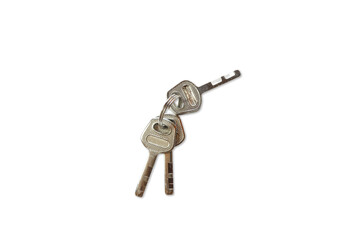 A group of small home key chains. The material is silvers, metallic, iron, or brass taken from a...