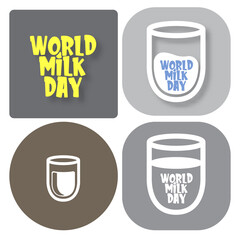 vector world milk day outline style icons set or label isolated on grey background. Milk day greeting poster design template. Milk day logo collection with milk glass