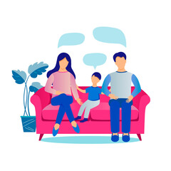 family members - mother, father, and a preschooler son sit on the couch and talk. Vector illustration
