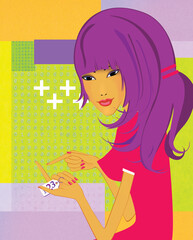 Numerology. Girl with violet hair considers bending fingers