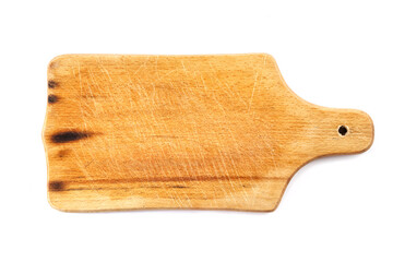 Old village kitchen cutting Board for food isolated on white background. Items for cooking. Kitchen utensils.