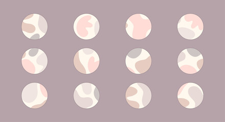 Set of beautiful feminine pastel vector highlight covers, abstract organic shapes and spots, round icons for social media, perfect for bloggers