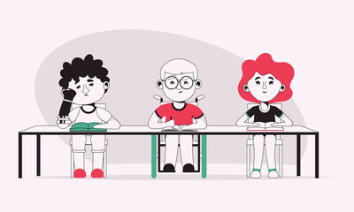 Vector character illustration of disabled boys and girl study at school
