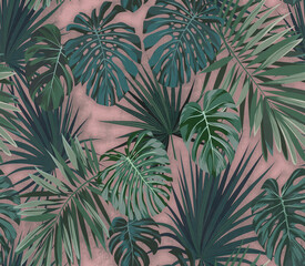 Fototapety  Vintage tropikalne palmy drzewo bananowe bezszwowe kwiatowy wzór różowy tło. Tapeta egzotyczna dżungla roślin