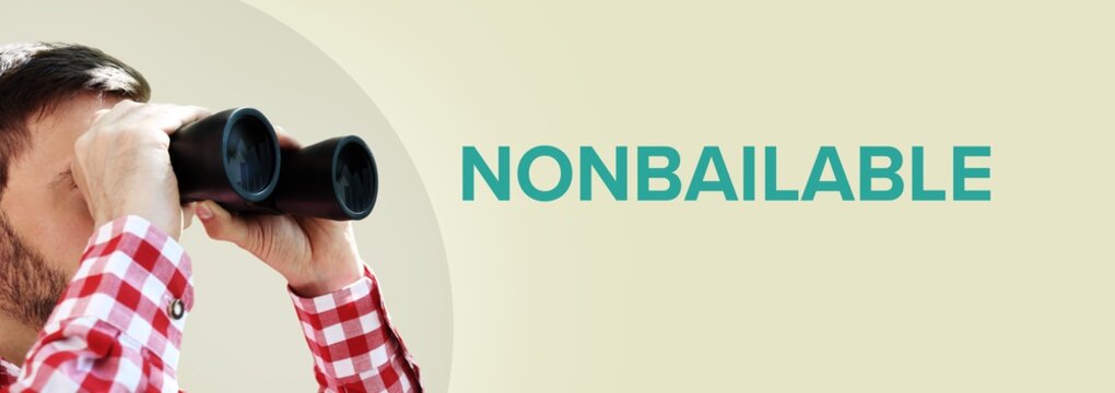 Nonbailable. Businessman (man) looks through binoculars. Focus on text. Background beige. Business, Finance, Statistics, Analysis, Economy