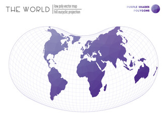 Low poly design of the world. Hill eucyclic projection of the world. Purple Shades colored polygons. Beautiful vector illustration.