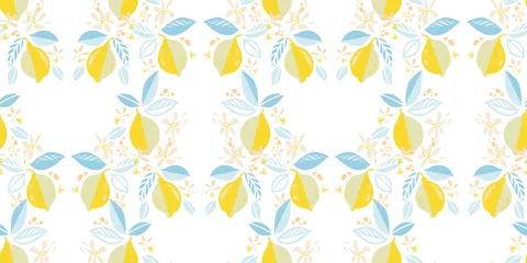 Foto op Plexiglas Vector geometrische tropische moderne citrus citroen herhalend patroon. Hand getekende helder getextureerde citrusvruchten patroon met blad en knop op witte achtergrond. Stijlvolle eenvoudige zomer achtergrond. © Corpholia Design 
