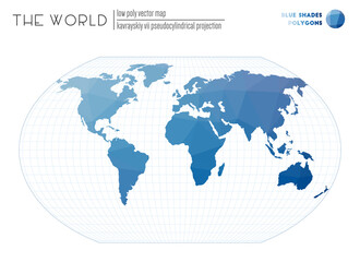 Triangular mesh of the world. Kavrayskiy VII pseudocylindrical projection of the world. Blue Shades colored polygons. Neat vector illustration.