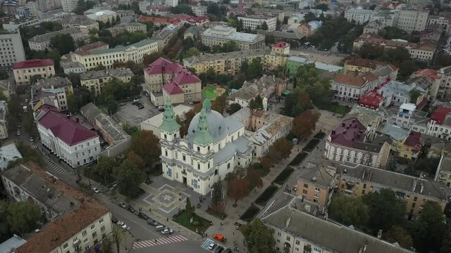 Aerial view of Ternopil, Ukraine with flying around the Cathedral of the Blessed Virgin Mary