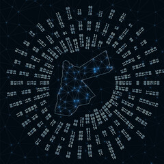 Jordan digital map. Binary rays radiating around glowing country. Internet connections and data exchange design. Vector illutration.