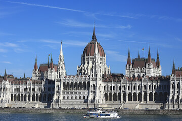 Fototapeta premium Budapest parliament landscape, tourist view of the capital of hungary in europe, architecture landscape