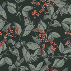 Vector illustration sandalwood branch - vintage engraved style.Seamless pattern in retro botanical style.