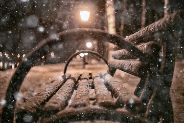 abstract blurred background, landscape christmas snow city street falling snowflakes, holidays winter