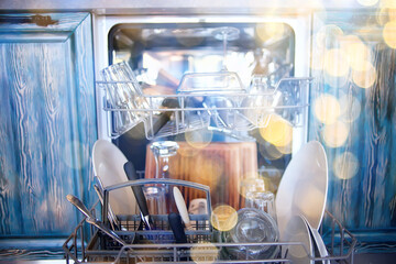 open dishwasher in the kitchen, dishes inside, clean plates in the kitchen lifestyle view