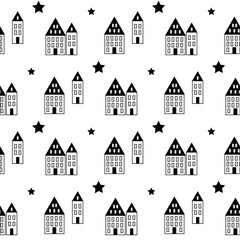 Seamless pattern with houses and stars on white background for fabric, textile, clothes, tablecloth and other things. Vector image.