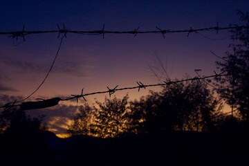 Barbed wire fence with twilight background