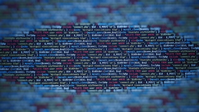 Blue programming code background. Abstract coding monitor. Technology and software development.