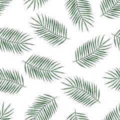 white background with tropical leaves. watercolor illustration for printing on ceramics, textiles, use in design. Seamless pattern with isolated green palm leaves.