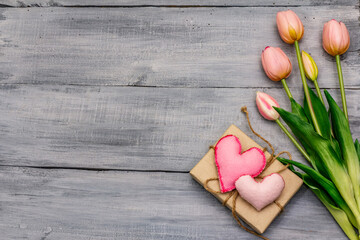 Greetings card, wallpaper, backdrop. Happy Mothers Day, St.Valentines or Wedding. Gentle pink tulips, handmade felt heart, zero waste packaging gift