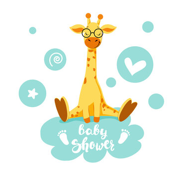 Cute giraffe is sitting on a cloud and the inscription baby shower on a white background. Vector greeting card for children