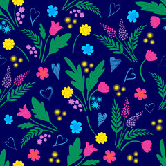 Seamless colorful floral pattern on the dark blue background.Vector illustration in flat style.