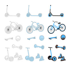 Set of devices for outdoors urban activity: rollers, skateboard, bicycle,  electric scooter, monocycle, hoverboard. Vector isolated illustration.  © Nataliia