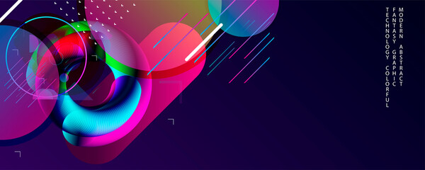 Blue dark retro futuristic neon abstraction background. Graphic elements different colors line shapes and round shapes Live data style