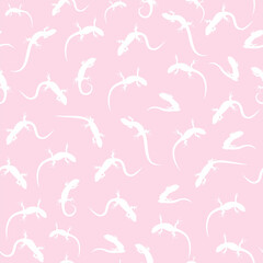 The seamless pattern with the white silhouettes of lizards is on pink background.