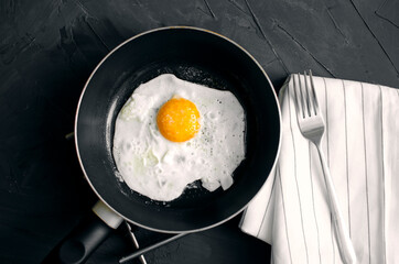 Fried egg in a frying pan with bread